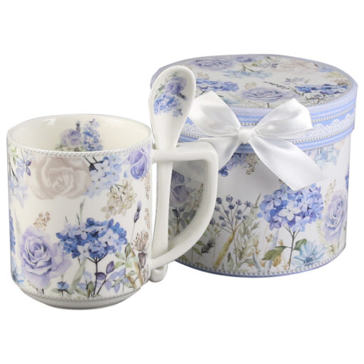 Cana ceramica cu lingurita, 300 ml, Hortensie & Trandafir