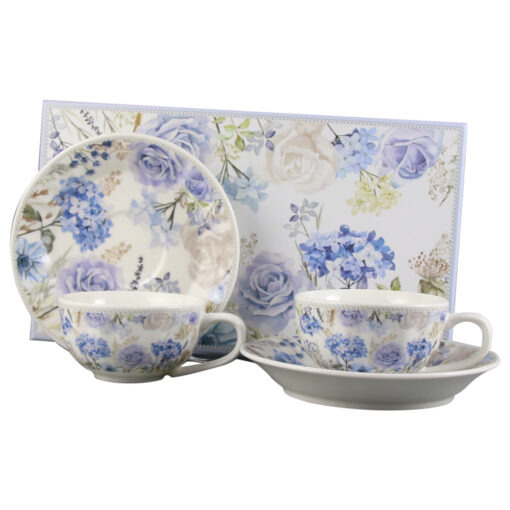 Set 2 cesti cu farfurii din ceramica 110 ml, Hortensie & Trandafir
