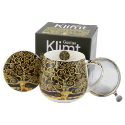 Cana portelan cu infuzor metalic si capac 430 ml, "Tree of Life" de Gustav Klimt, in cutie decorativa, Brown