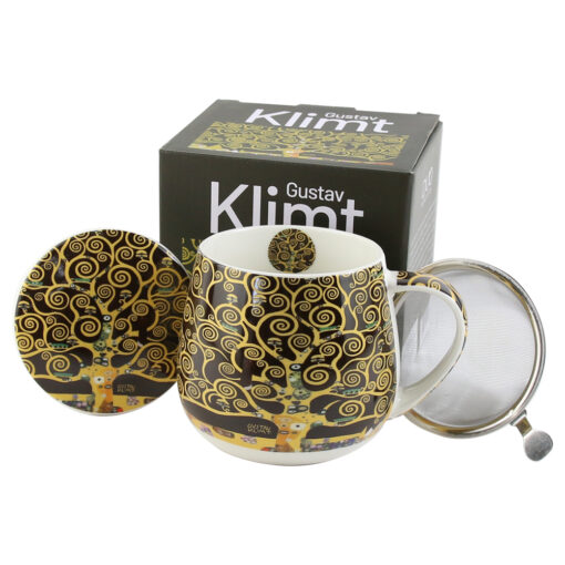 Cana portelan cu infuzor metalic si capac 430 ml, "Tree of Life" de Gustav Klimt, in cutie decorativa, Brown