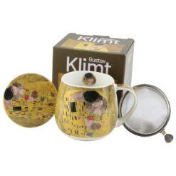 Cana portelan cu infuzor metalic si capac 430 ml, "The Kiss" de Gustav Klimt, in cutie decorativa, Classic