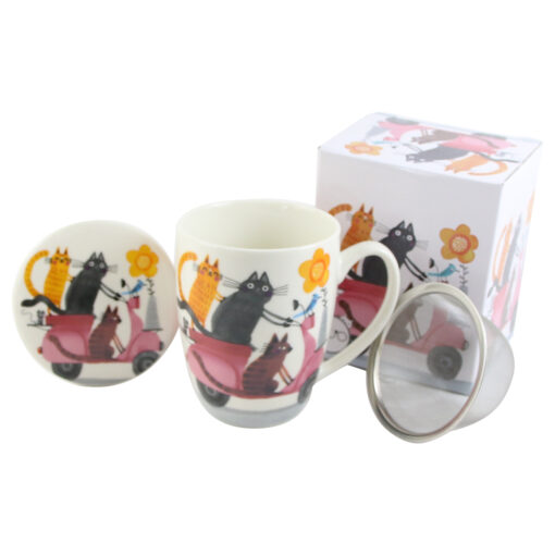 Cana portelan cu infuzor metalic si capac 360 ml "Cats World, On Scooter", in cutie decorativa