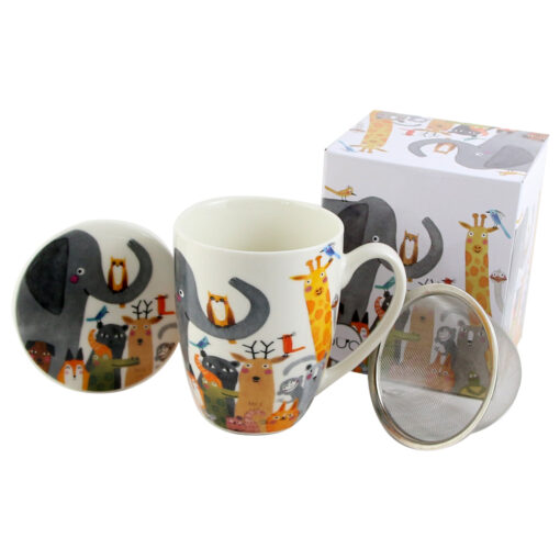 Cana portelan cu infuzor metalic si capac 360 ml "Animals", in cutie decorativa