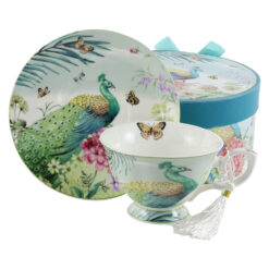 Ceasca cu farfurie din ceramica in cutie decorativa - Design Paun & Flori, 100 ml