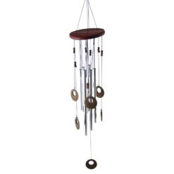 Clopotel de vant cu 6 tuburi metalice si inele din lemn 70 CM