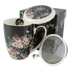 Cana portelan cu infuzor metalic si capac Vintage 325 ml, Model floral
