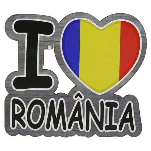 Magnet frigider din lemn, 8.5x7.5 CM, I love Romania