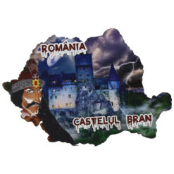 Magnet frigider din lemn "Romania" 9x6 CM, Harta Romaniei, Castelul Bran/Vlad Tepes