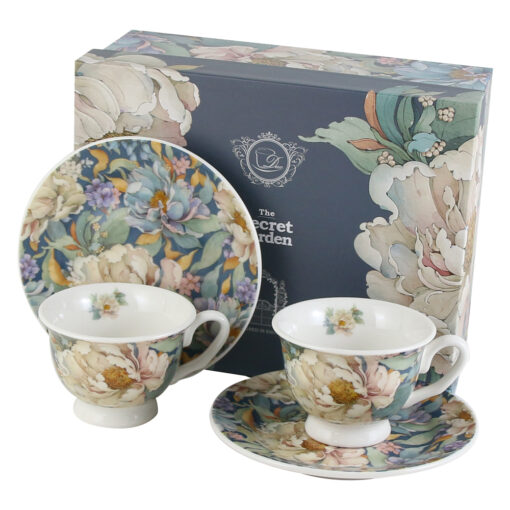 Set 2 cesti espresso cu farfurii, din portelan "Peony Blue", 100 ml, in cutie decorativa