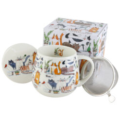 Cana portelan cu infuzor metalic si capac, "Lazy Cats", 430 ml, in cutie decorativa, Pisici