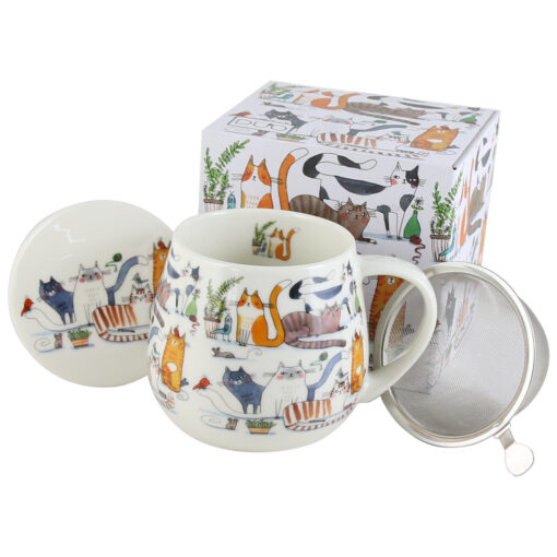 Cana portelan cu infuzor metalic si capac, "Lazy Cats", 430 ml, in cutie decorativa, Pisici