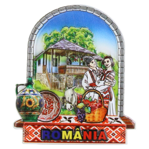 Magnet de frigider din rasina 6x7.5 CM, Romania, Cuplu in port traditional
