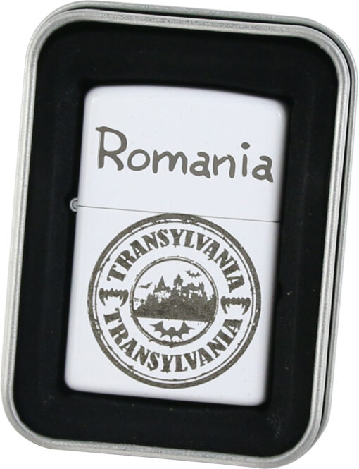 Bricheta metalica "Romania/Transylvania", 3x5 CM, alb