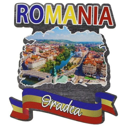 Magnet frigider din lemn "Romania" 8x8 CM, Oradea, tricolor