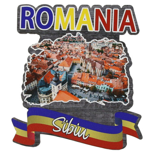 Magnet frigider din lemn "Romania" 8x8 CM, Sibiu, tricolor