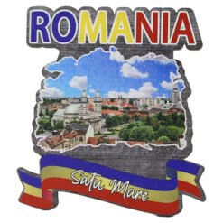 Magnet frigider din lemn "Romania" 8x8 CM, Satu Mare, tricolor