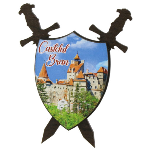 Magnet frigider din lemn "Castelul Bran" 8x9 CM, scut cu sabii