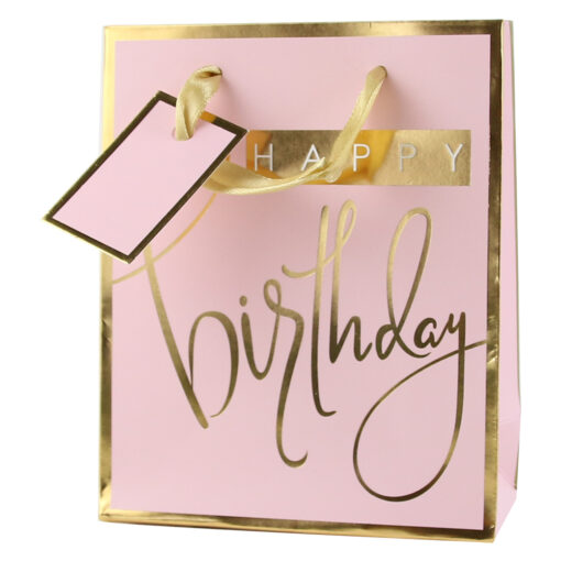 Punga cadou din hartie 11x14 CM, "Happy Birthday", roz, cu eticheta