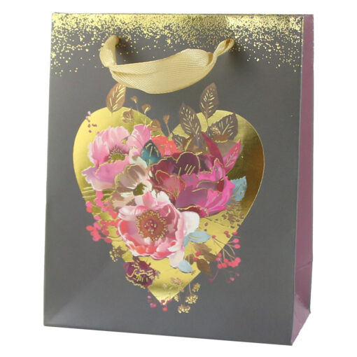 Punga cadou din hartie 11x14 CM, Inima aurie cu flori