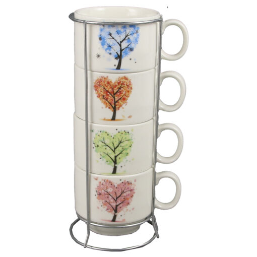 Set 4 cesti din ceramica cu suport metalic, 150 ml, Anotimpuri