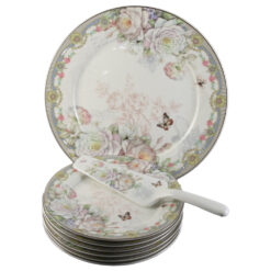 Set de tort 8 piese, Platou cu 6 farfurii si o spatula, cu trandafiri si fluture