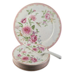 Set de tort 8 piese, Platou cu 6 farfurii si o spatula, cu flori si kolibri