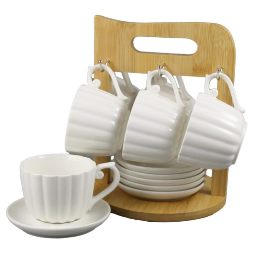 Set 6 cesti cu farfurii, din ceramica, cu suport bambus