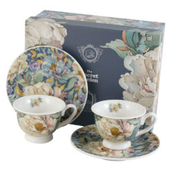 Set 2 cesti espresso cu farfurii, din portelan "Peony Blue", 100 ml, in cutie decorativa