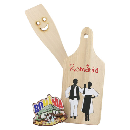 Set ustensile bucatarie din lemn cu magnet frigider "Romania", 3 piese, dansatori
