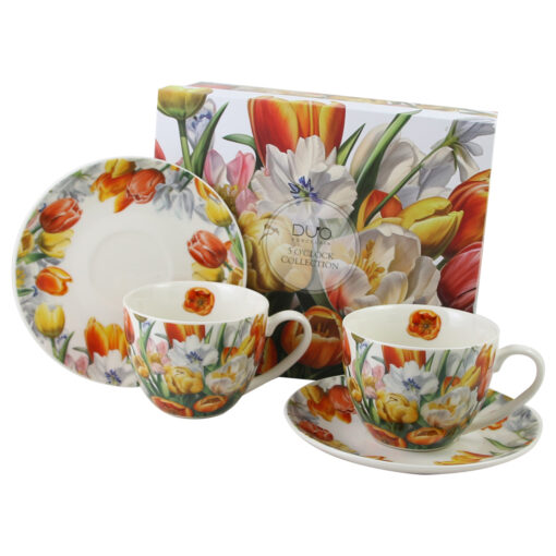 Set 2 cesti espresso cu farfurii, din portelan 270 ml, "Tulipany", in cutie decorativa