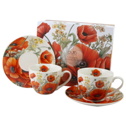 Set 2 cesti espresso cu farfurii, din portelan 270 ml, "Poppies", in cutie decorativa