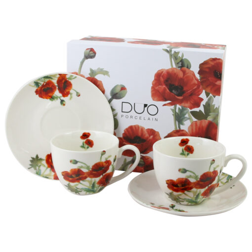 Set 2 cesti espresso cu farfurii, din portelan 270 ml, "Classic Poppies", in cutie decorativa