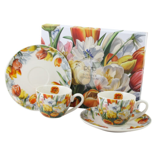 Set 2 cesti espresso cu farfurii, din portelan 110 ml, "Tulipany", in cutie decorativa