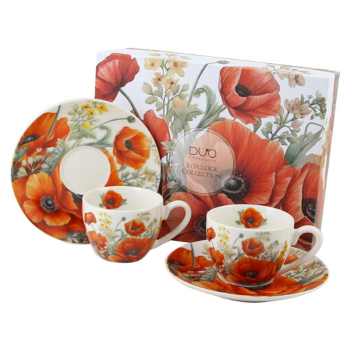 Set 2 cesti espresso cu farfurii, din portelan 110 ml, "Poppies", in cutie decorativa