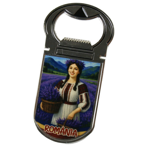 Desfacator sticle cu magnet "Romania", Tarancuta cu lavanda, 4x9 CM