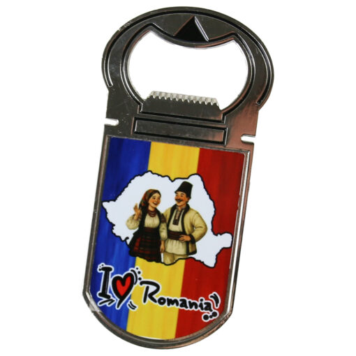 Desfacator sticle cu magnet "I Love Romania", Tricolor 4x9 CM