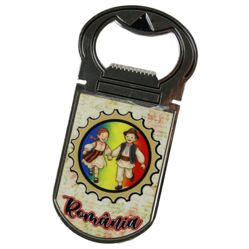 Desfacator sticle cu magnet "Romania", Copii in port popular, 4x9 CM