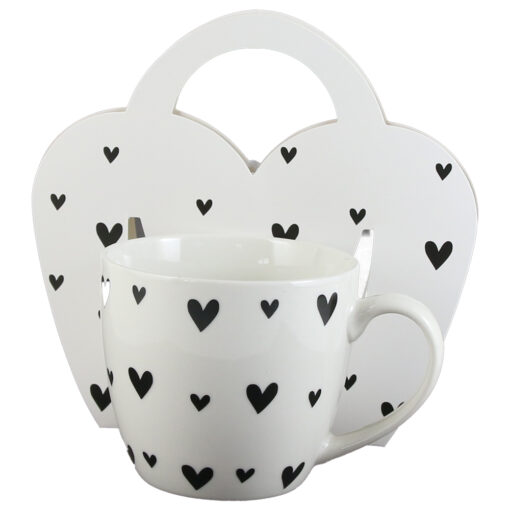 Cana portelan "Hearts 6" 460 ml, in ambalaj decorativ, cu inimioare negre