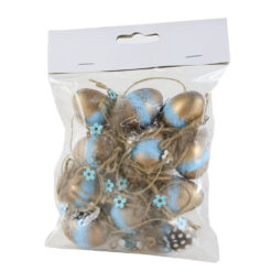Set 12 oua din plastic 4 CM, cu floare, albastru/auriu
