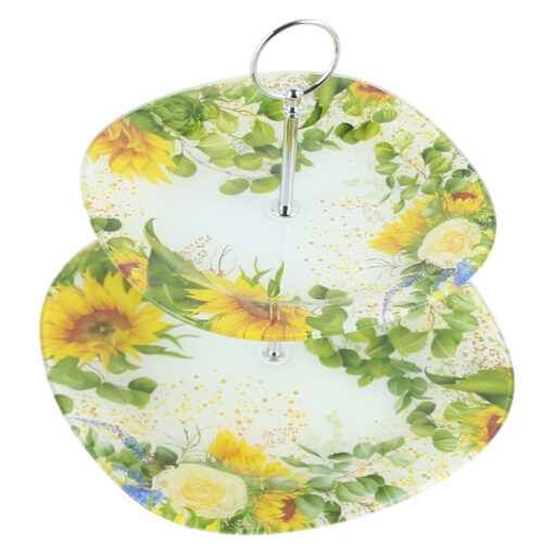 Platou etajat cu 2 nivele, din sticla 25/20 CM, Floarea soarelui