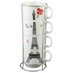 Set 4 cesti din ceramica cu suport metalic, 150 ml, Turnul Eiffel