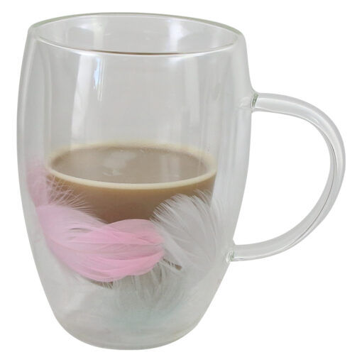 Cana de sticla cu pereti dubi 300 ml, cu pene colorate