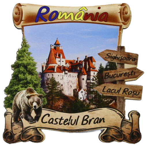 Magnet frigider din lemn "Castelul Bran" 8x8 CM, Romania, urs