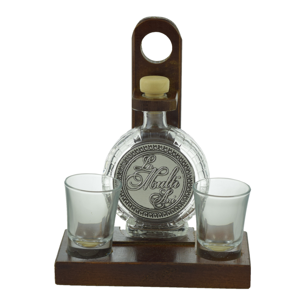 Suport lemn cu plosca din sticla si 2 pahare de tuica - La multi ani