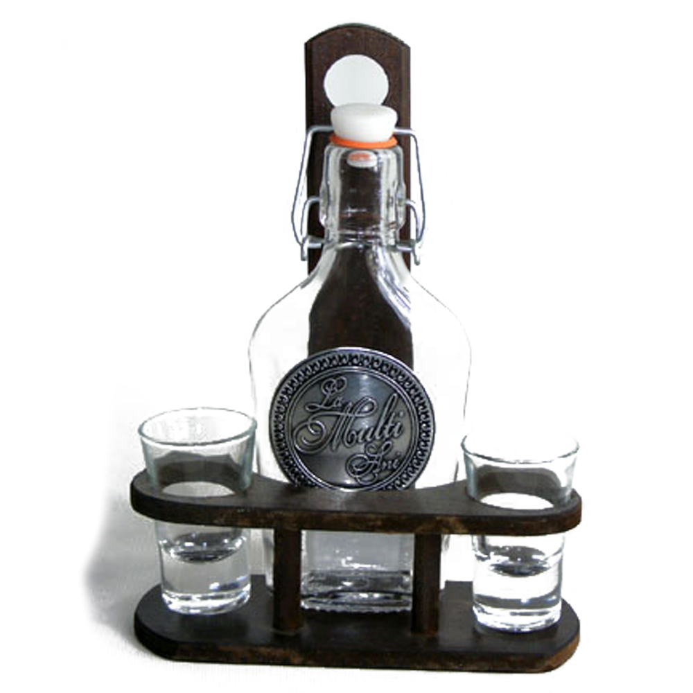 Suport lemn cu plosca din sticla si 2 pahare de tuica - La multi ani!