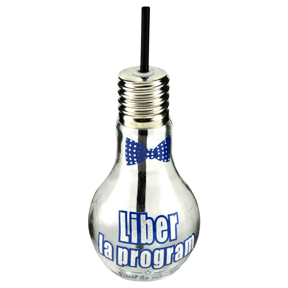 Sticla cu pai, forma bec "Liber la Program!", 9x22 CM