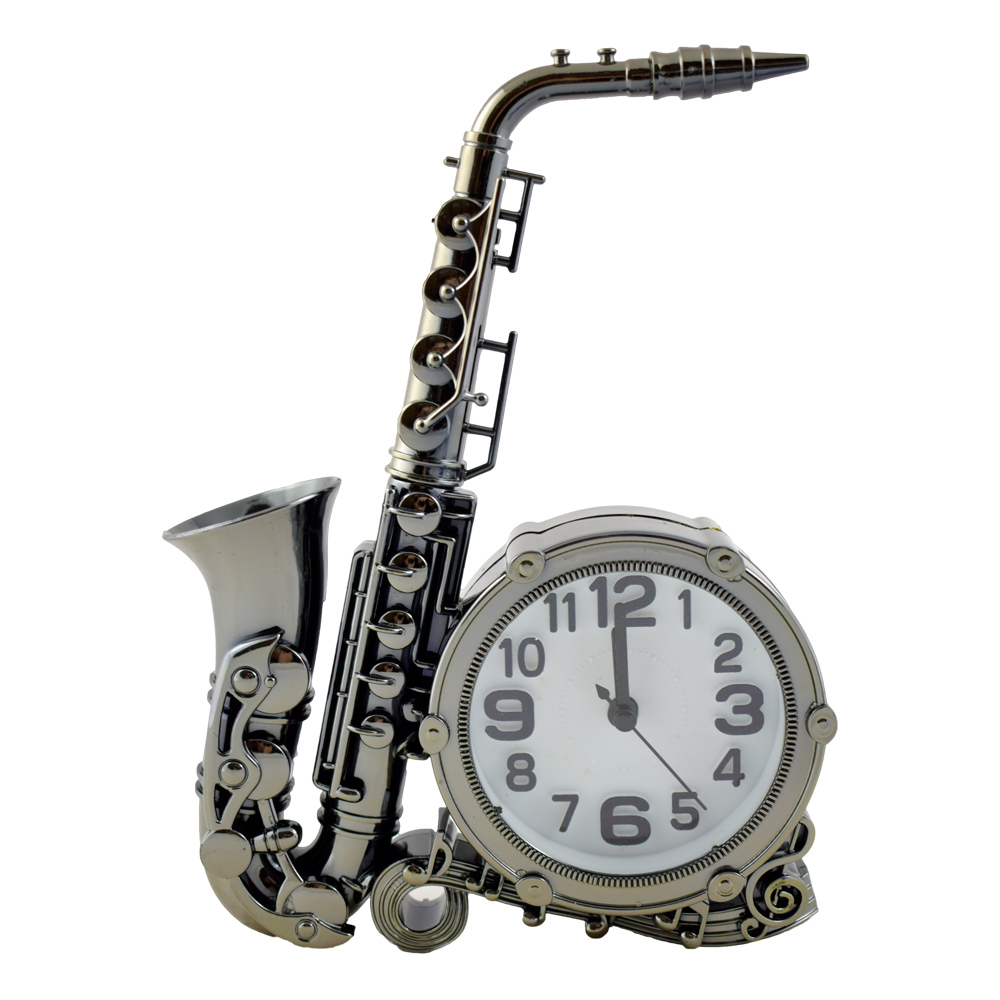 Ceas de masa din plastic Saxofon 14?23 CM, Argintiu