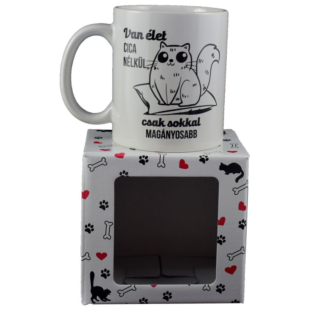 Cana Boss din ceramica 300 ml "Van elet cica nelkul, csak sokkal maganyosabb", in cutie decorativa