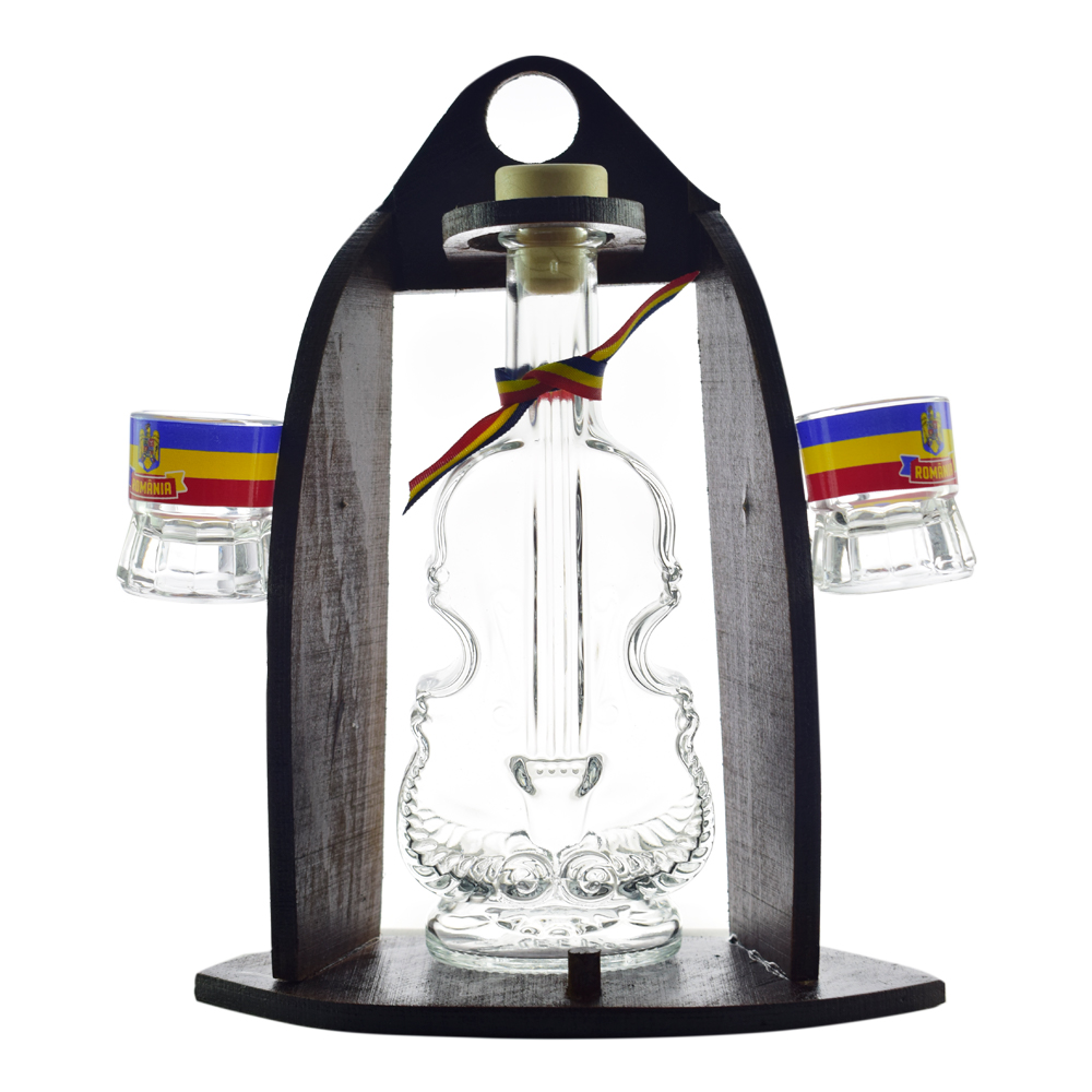 Suport lemn cu sticla si 2 pahare de tuica - sticla in forma de vioara