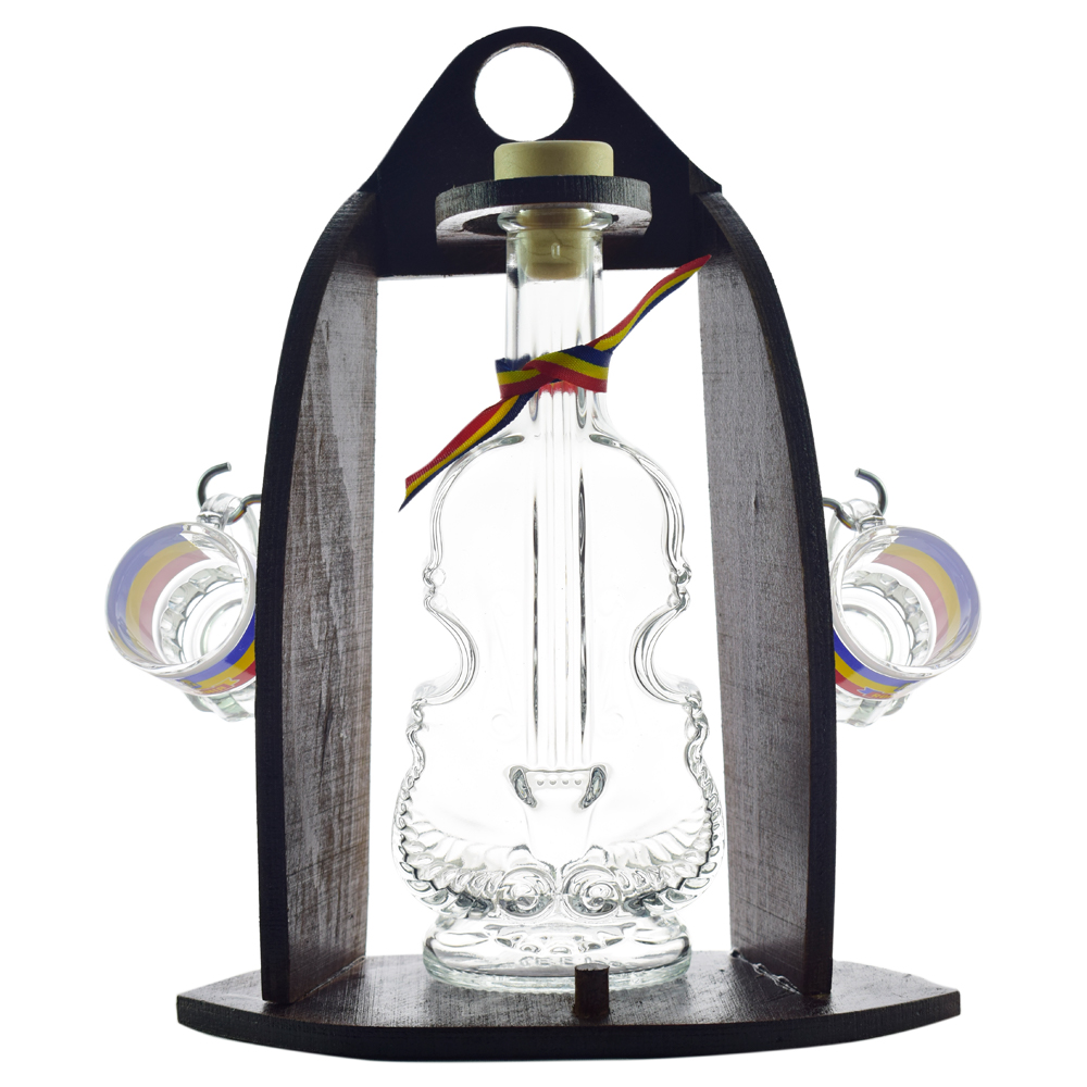Suport lemn cu sticla si 2 pahare de tuica - sticla in forma de vioara - imagine 2